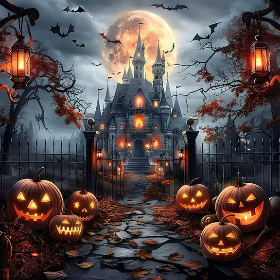 Halloween Shower Curtain Scary Haunted House Evil Pumpkin Shower Curtains for Bathroom Scary Castle Horror Pumpkin Lantern Spooky Full Moon Night Gothic Dead Tree Bathroom Decor 72Wx72H Inch