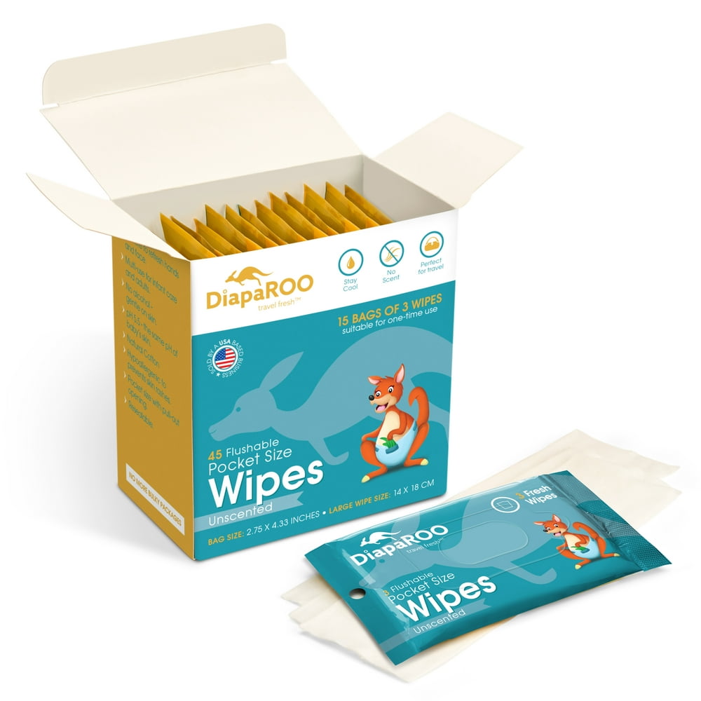 DiapaROO Flushable Wet Wipes for Adults & Kids - 15 Resealable Bags of