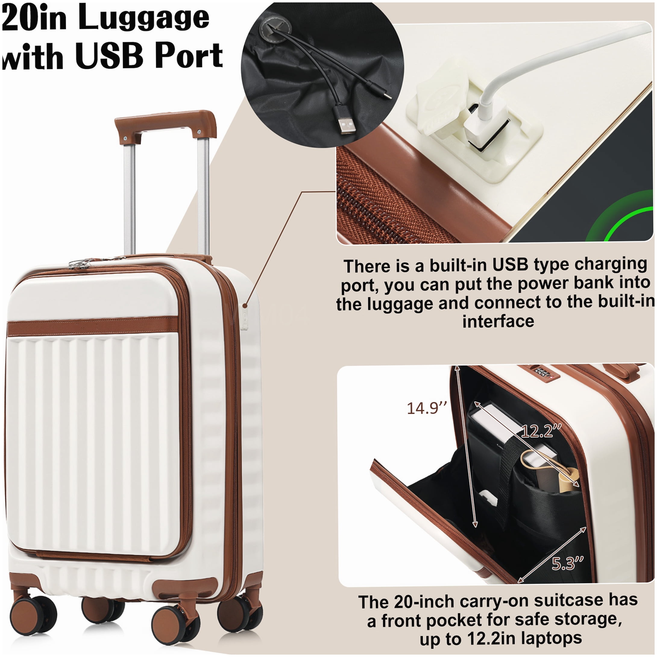 MANGIJOY Airline Approved Carry-On Luggage Set of 3 with USB Charger | ABS Hardside, Spinner Wheels, White