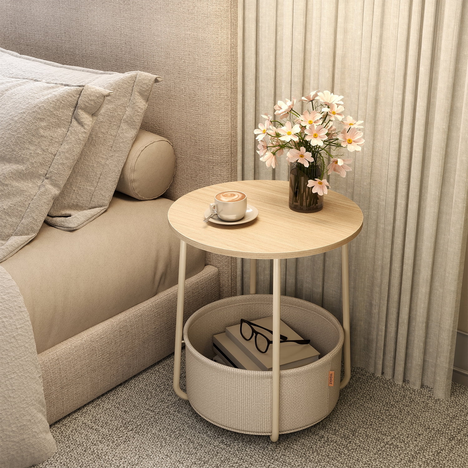LEDREM Modern Round Accent Table with Fabric Storage Bin, Compact Nightstand for Bedroom & Living Area, Space-Saving Furniture with Patented Design, White