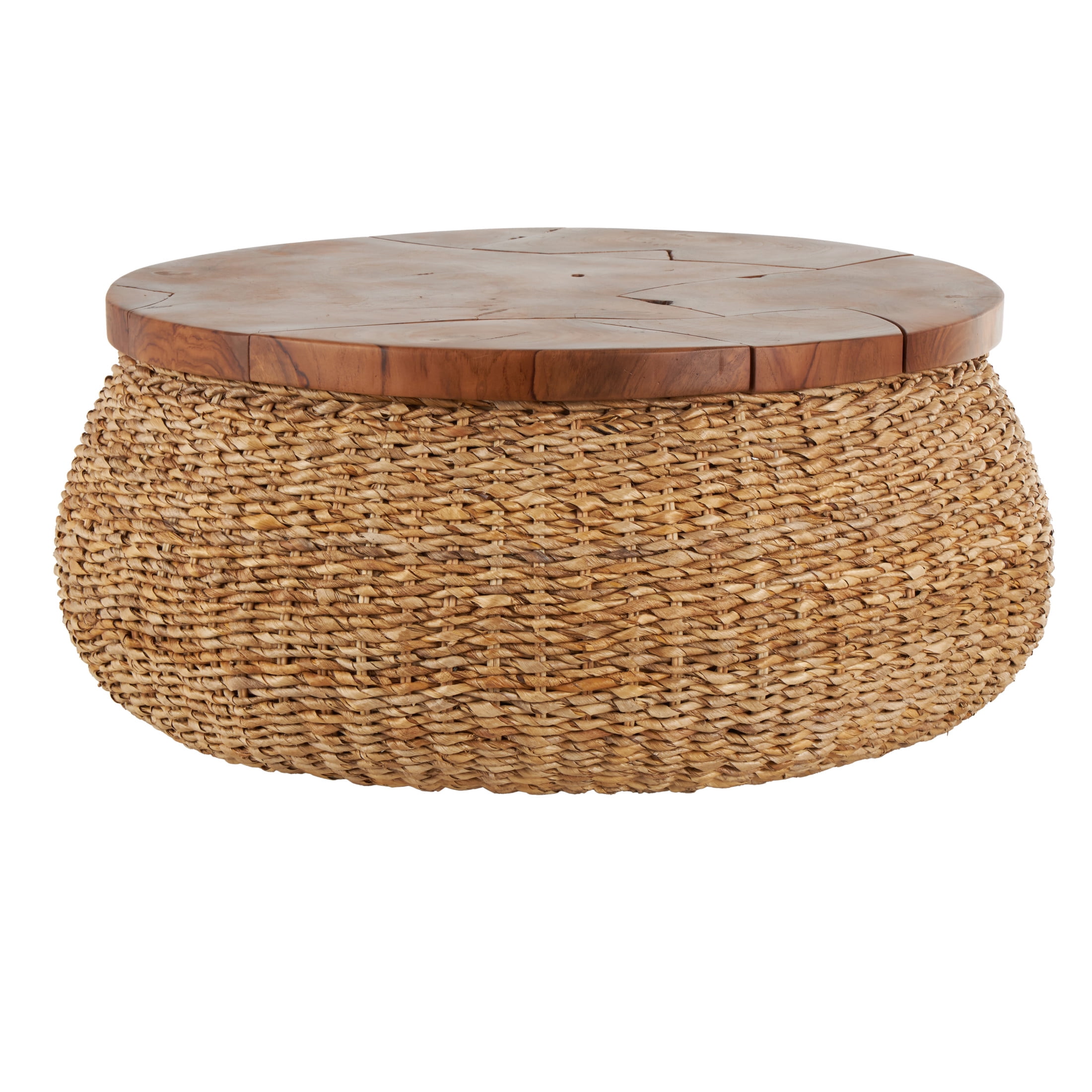 DecMode 35" x 15" Brown Rattan Wrapped Coffee Table with Teak Tabletop, 1-Piece