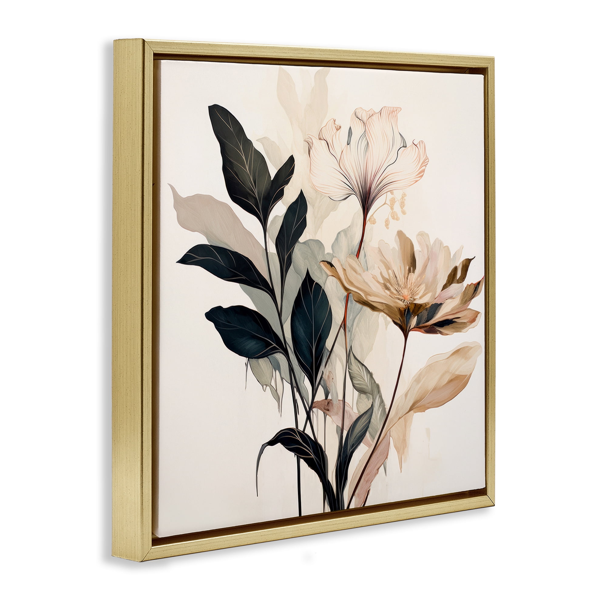 Stupell Industries Leaf Sprig & Flower Plants & Flowers Painting Gold Floater Framed Canvas Art Print Wall Art, 18 x 18