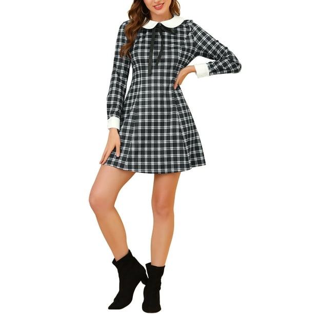 Vestido de línea A de cuadros con cuello Peter Pan de contraste de manga larga para mujer INSPIRE CHIC, negro L