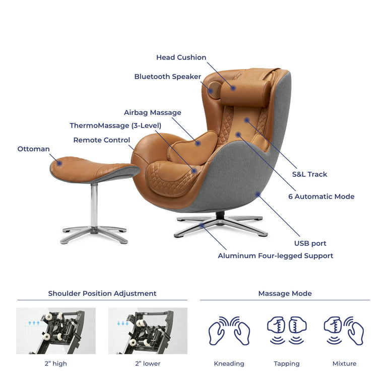 Classic Genuine Leather Massage Chair with Ottoman, Caramel