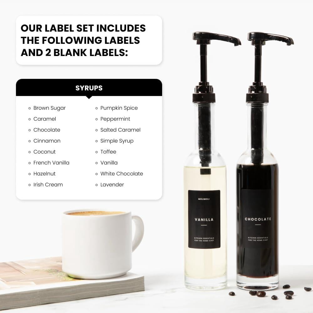 Set Of 4  350ml Coffee Syrup Dispenser For Bar Pump Glass Bottle W. Pumps Simple Labels (black)