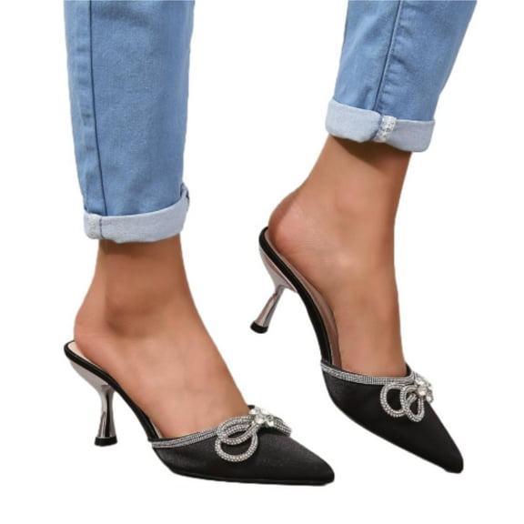 SACFOF Women's Rhinestone Bow Heels Sandals Ankle Strap Pointed Toe Stiletto Heeled Sandals Wedding Dress Pumps Shoes