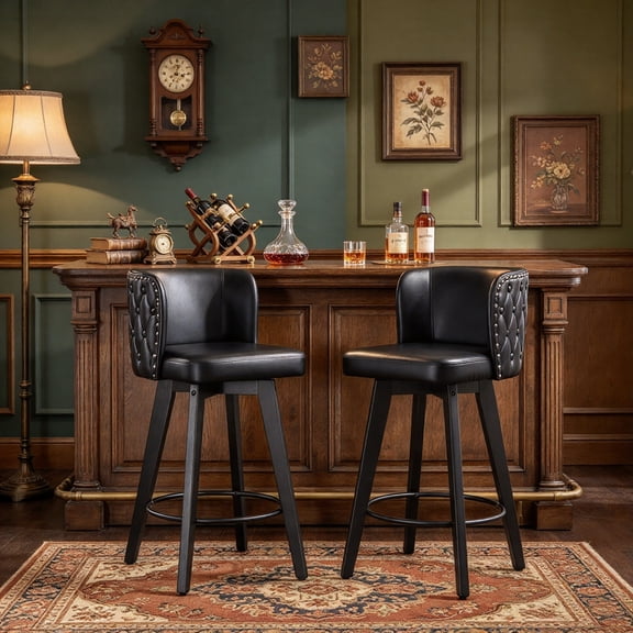 TEWLOSS Counter Height Bar Stools Set of 2, 27.5in Swivel PU Leather Bar Chairs with Curved Back for Kitchen Island, Black
