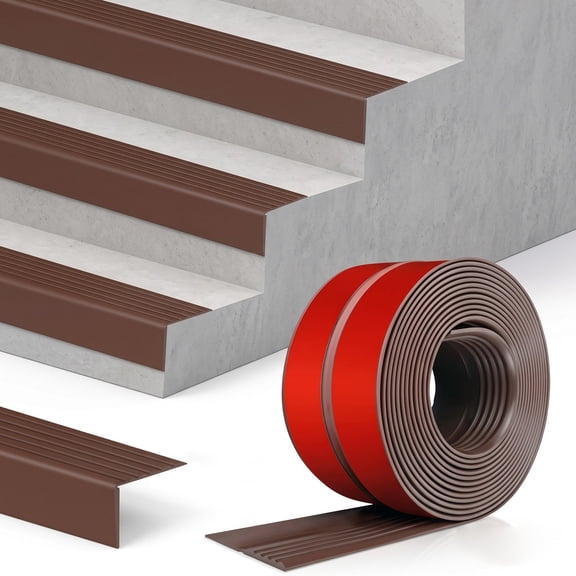 L-Shaped PVC Stair Nosing Trim with Anti-Slip Rubber Edge - Self-Adhesive Non-Slip Stair Protector for Indoor & Outdoor Steps - Brown 3.86" x 236"