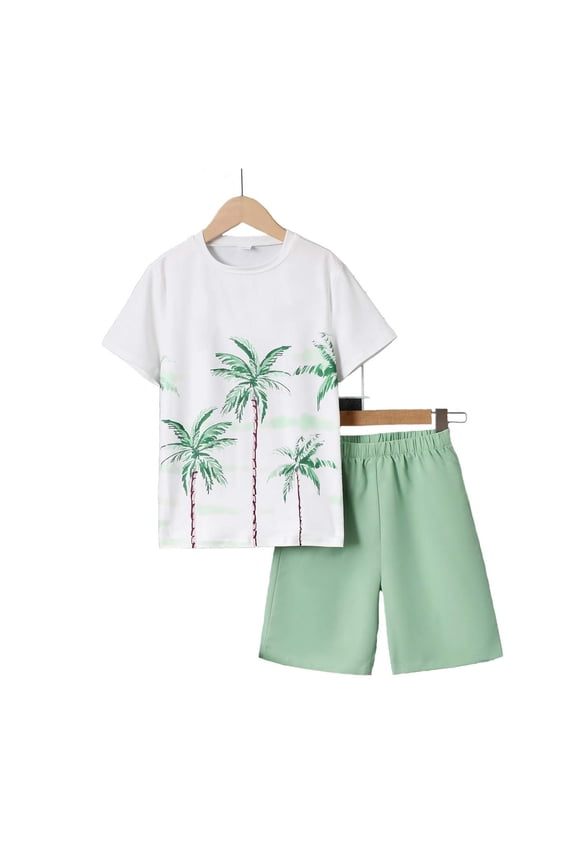 Big Boys Short Sets 8 Years Boys Outfits Summer Short Sleeves Coconut Print T-shirt Tops Solid Color Shorts 2pcs Outfits Summer White