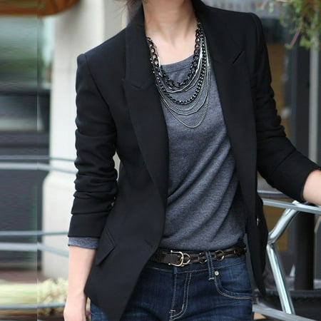 Fashion Casual Slim Solid Suit Blazer Coat Jacket Outwear Women Black Color