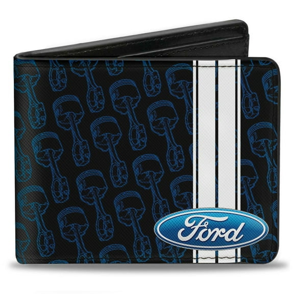 Ford Wallet, Bifold, Ford Oval Stripe Piston Repeat Black Blue White, Vegan Leather