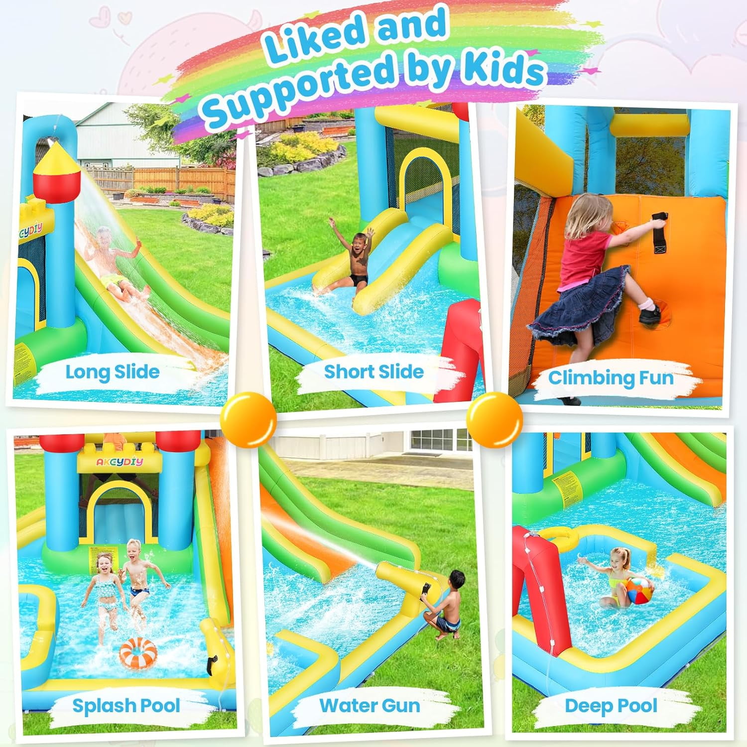 Veeboto 6-in-1 Water Slide with 550W Blower, Inflatable Bounce House with Climbing Wall, 2 Inflatable Slides, Basketball Hoop, Deep Pool, Bounce Zone for Kids, Indoor Backyard Party