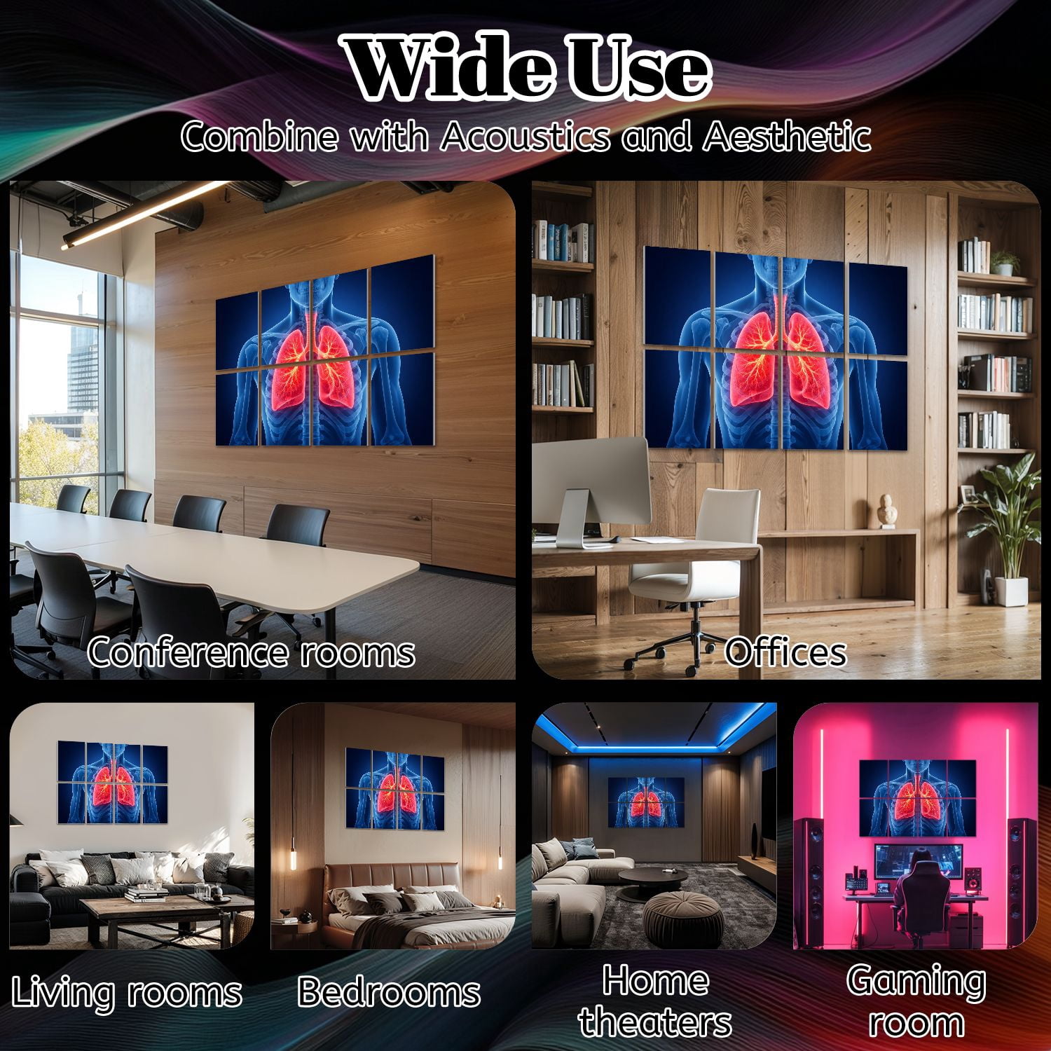 Medical 8 Pack Art Acoustic Panels Sound Absorbing Human Anatomy Lungs Detailed Structure Decorative Soundproof Wall Panels Self Adhesive for Classroom Hospital 48"x32"