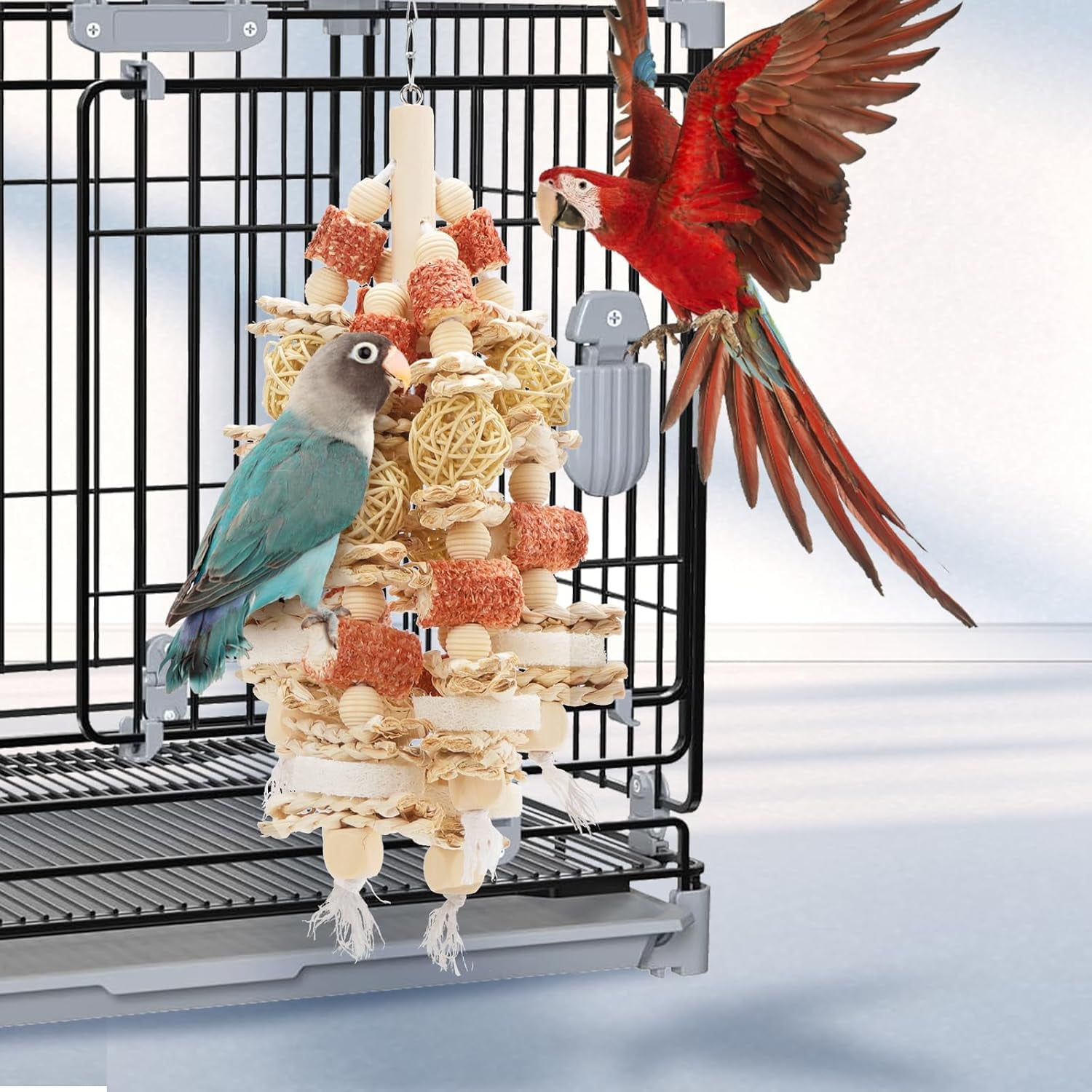 Bird Toys that is 17.5 Inches in Length, Parrot Toy Designed for Chewing Features Natural Corn cob and Loofah Slices, Can Be Hung in Large and Medium-Sized Parrot Cages