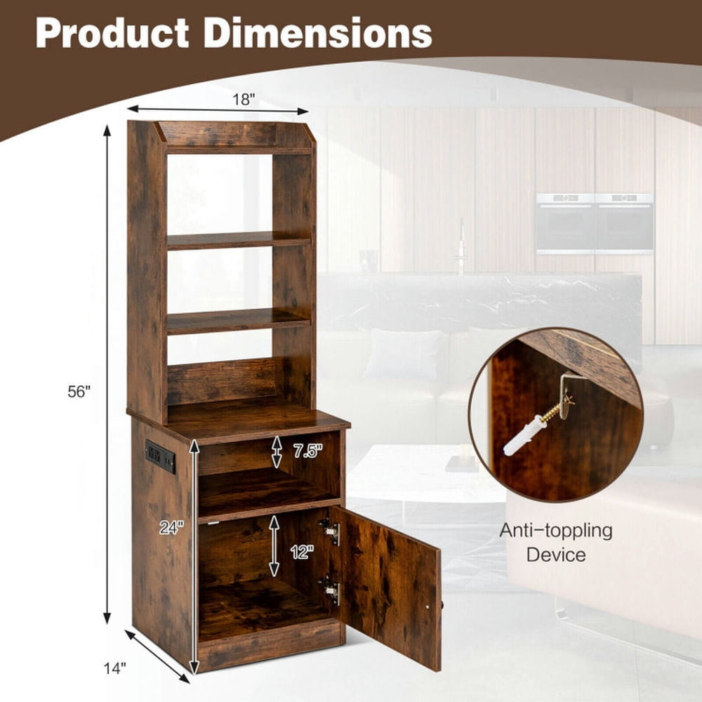 Demi Bonn 6-Tier Bookshelf with Charging Station and Cabinet, Wood Free Standing Bookcase, Brown