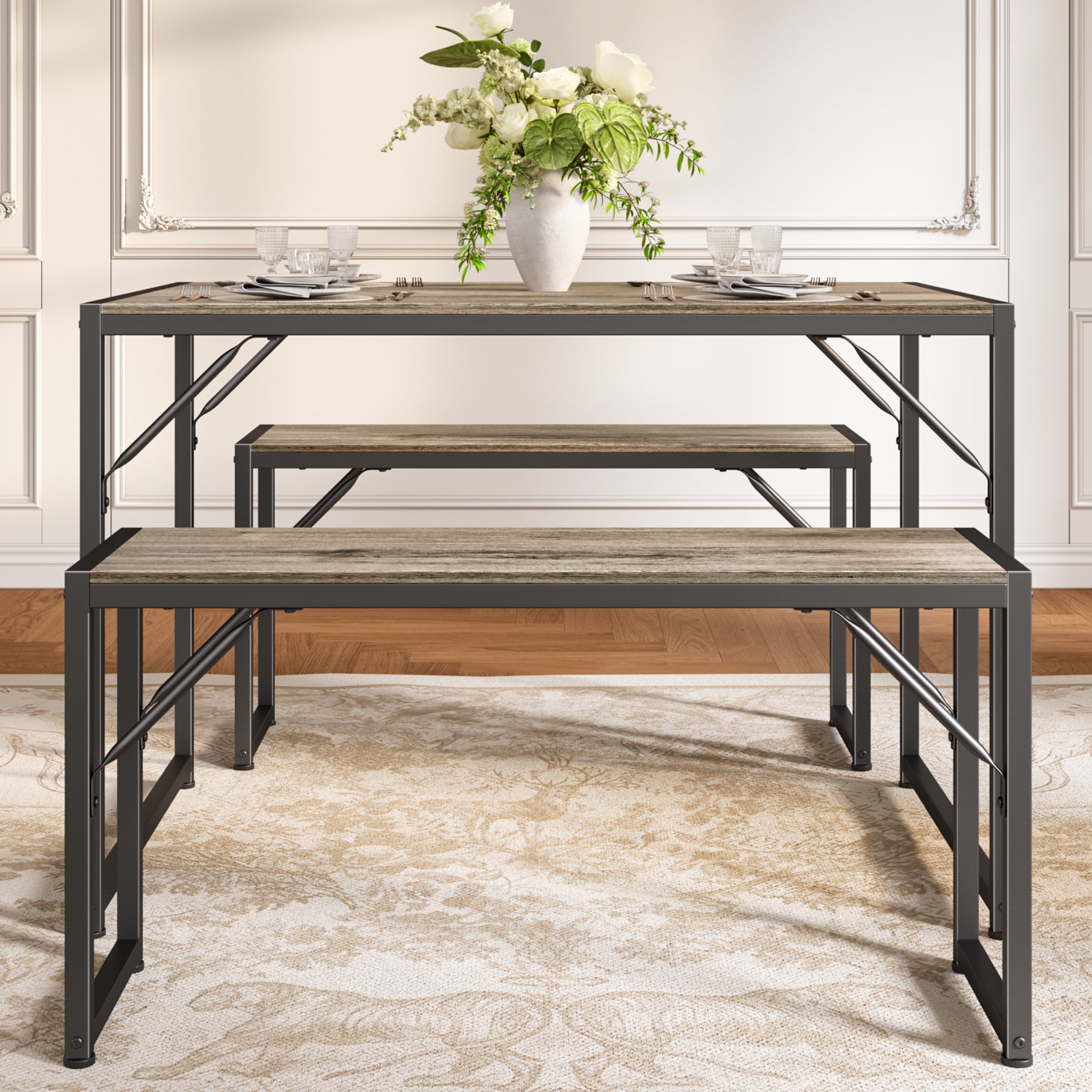 Asofer 45.5" Small Kitchen Dining Table Set with 2 Benches, Multi-Use as Coffee Table/Shoe Bench, Grey
