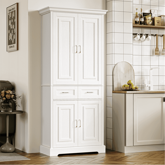 Homfa 70.9'' Tall Kitchen Pantry with 4 Doors, 2 Drawer Modern Freestanding Storage Cabinet for Dining Room Living Room, White