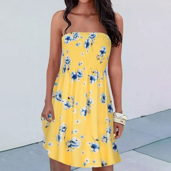 BLTIBY 2025 Women's Summer Dress Off the Shoulder Strapless Floral Printed Boho Casual Loose Fashion Dresses with Knee Length Yellow XXL