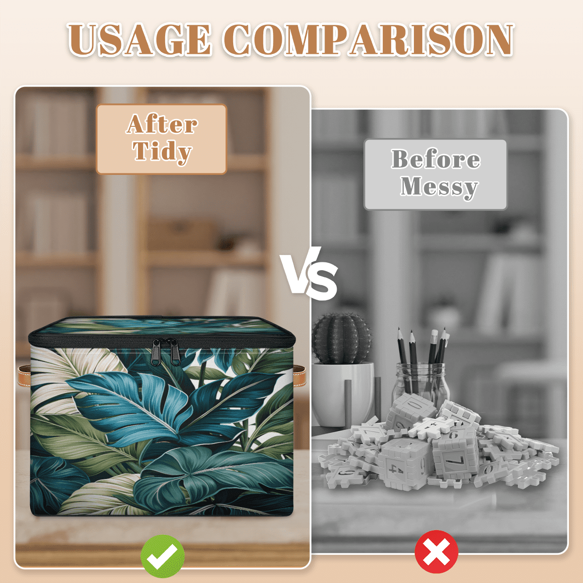 ADECORIVY Blue Green Leaves Storage Bin with Zipper Lid, Fabric Foldable Shelf Baskets Boxes, Closet Lidded Storage Bins, Decorative Clothes Organizer for Bedroom Home