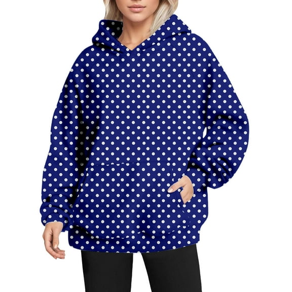 Women's Polka Dot Print Hooded Sweatshirt with Pocket, Oversized Long Sleeve Pullover, Soft Comfortable Casual Streetwear for Spring Autumn Daily Wear, Beach Outings and Loungewear Blue L