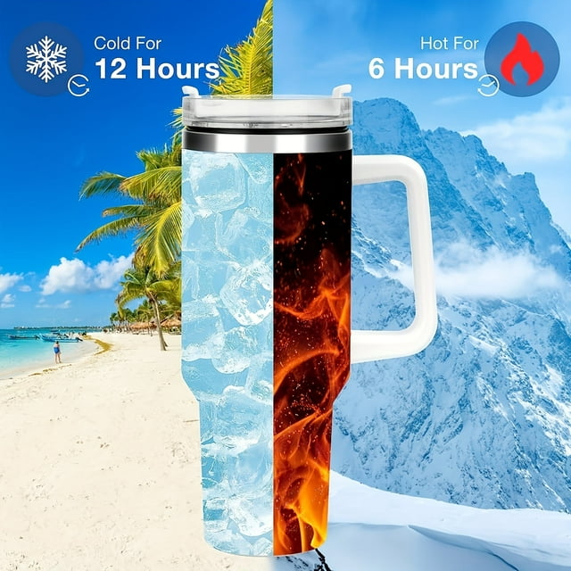 Bouteille d'Eau 2024 Dernière Tendance 40oz Grande Capacité avec Poignée et Couvercle à Paille, Bouteilles d'Eau Isolées Réutilisables en Acier Inoxydable Tasse de Voyage Tasse à Café-Bleu