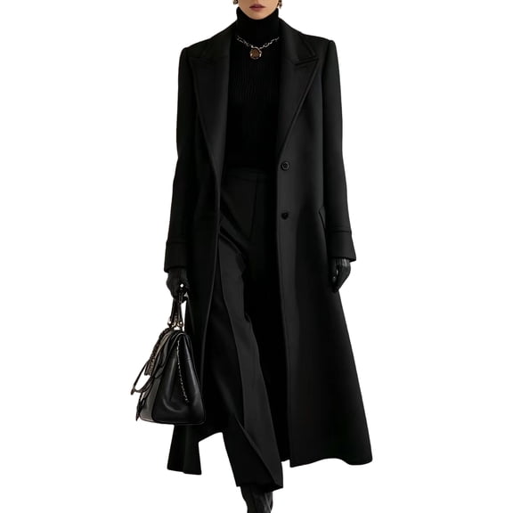 Leidass Womens Long Overcoat Notched Lapel Self Tie Belt Waist Button Front Long Sleeve Solid Tailored Outerwear With Side Pockets Black L