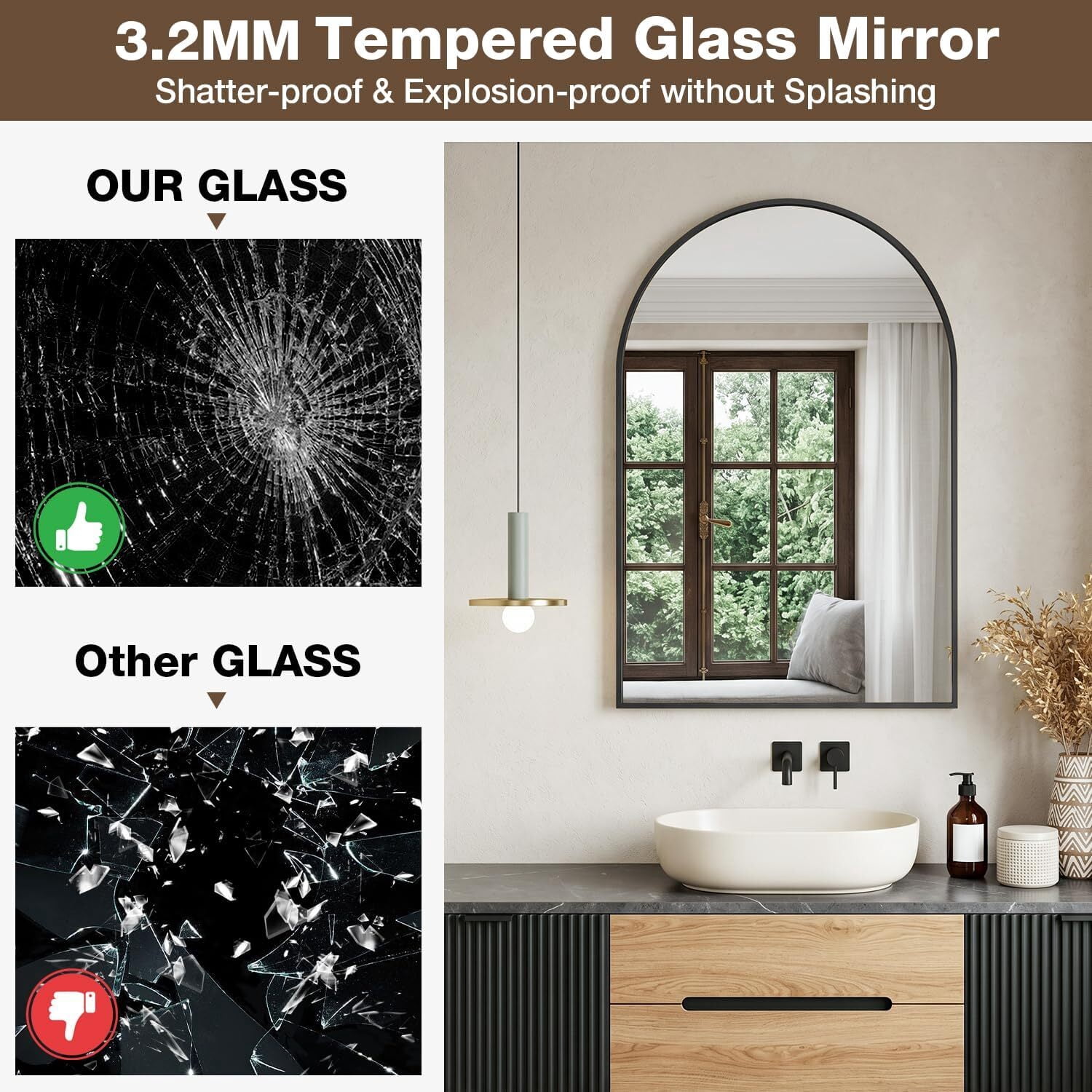 GRAHMY 24"x 16" Arched Bathroom Mirror Metal Frame Vanity Mirror Wall Mounted, Black