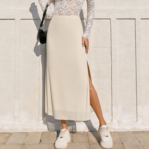 SOOMLON Mesh Skirts Women High Waist Elastic Waist Ankle Length Skirt Side Spilt Wrap Skirt Trendy Vacation Skirt