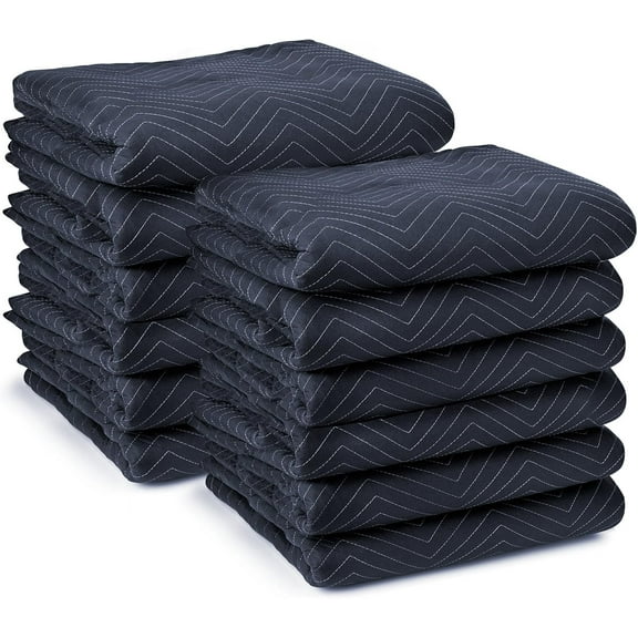 BOBOKY  12 Moving & Packing Blankets - Pro Economy - 80" x 72" (35 lb/dz weight) - Quilted Shipping Furniture Pads Navy Blue and Black