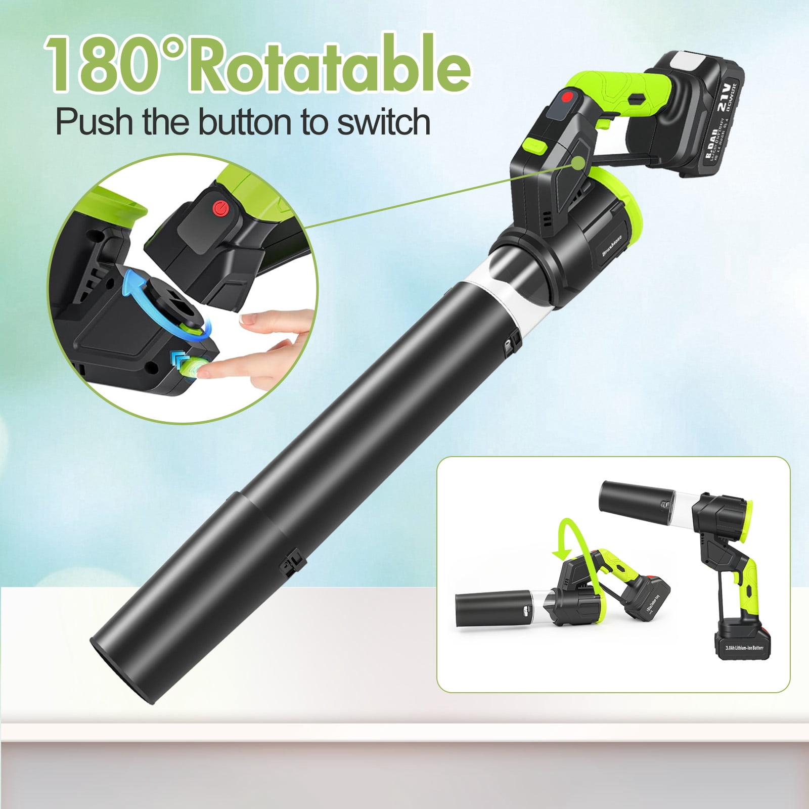 BAOKALER Cordless  Leaf Blower, 21V Leaf Blower with 2 X 6.0Ah Batteries & Charger, Up to 600CFM/130MPH, 3 Variable Speed, 180° Adjustable Tube LED Display for Blowing Leaves, Patio Cleaning