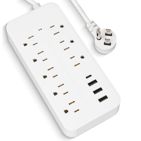 8-Outlet Surge Protector Power Strip with 3 USB (1 USB-C), 4ft Flat Plug, 1250W/1700J, Switch for Office/Dorm, White