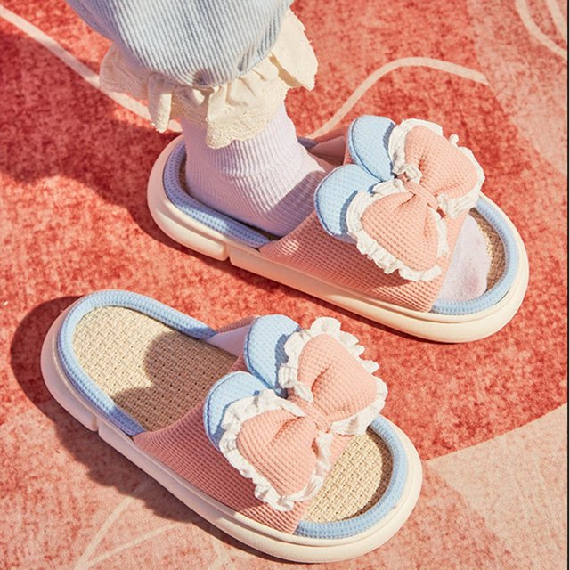 LSLJS Women's Shoes Linen Slippers Home Warm Bow Soft Sole Non-Slip Slippers