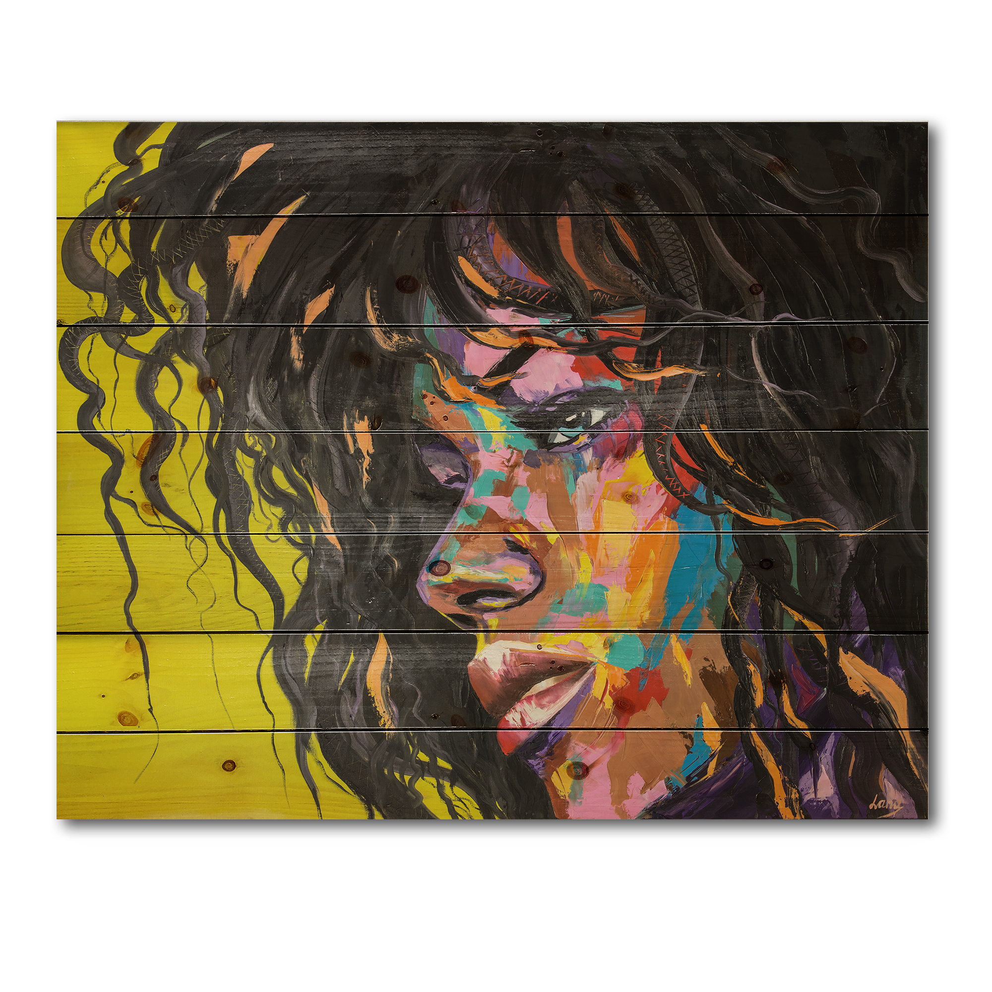 Designart 'Abstract Colorful Fantasy Portrait Of A Young Woman I' Modern Print on Natural Pine Wood