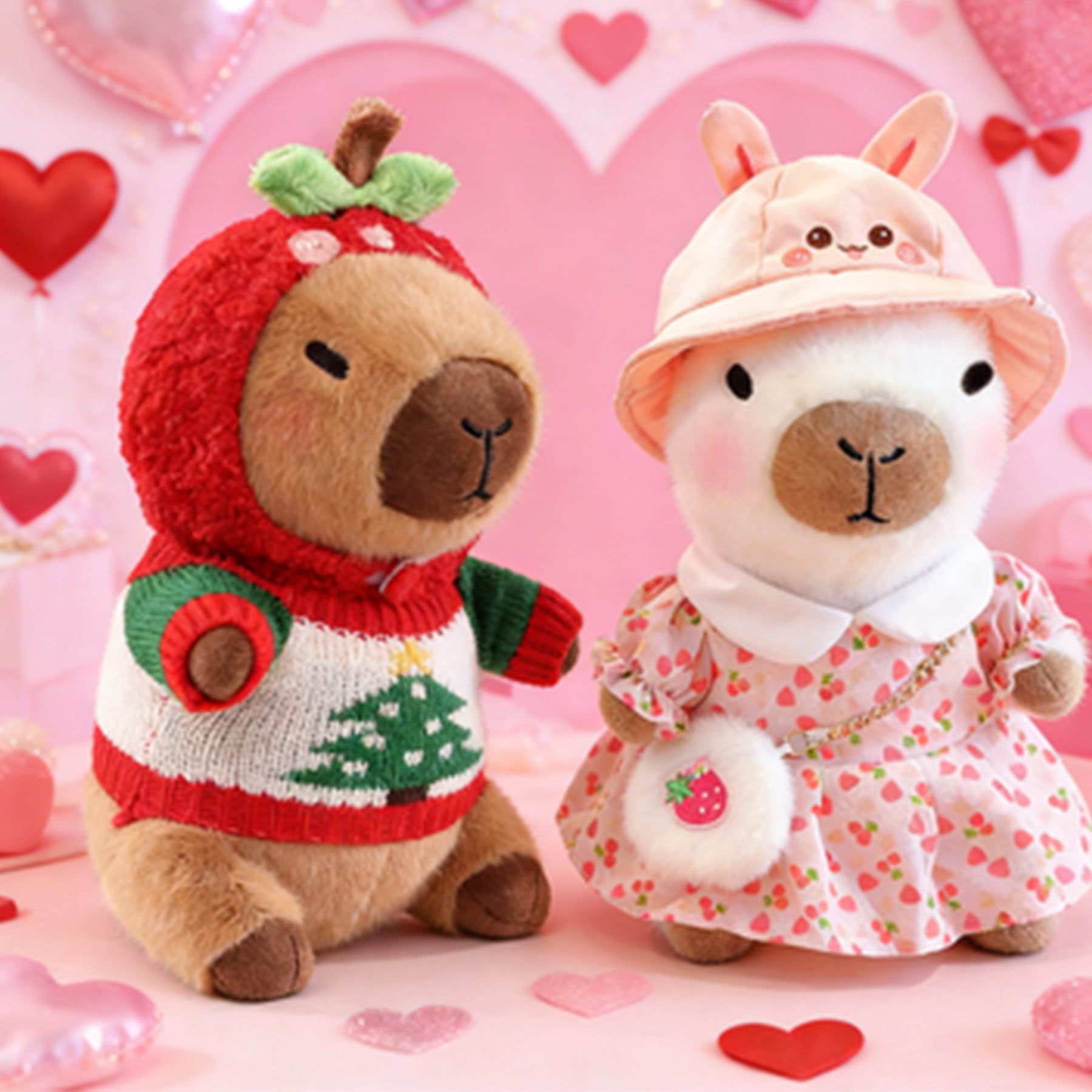 2PCS 10.2-Inch Capybara Plush Couple Set , Soft Stuffed Animals in Strawberry Hoodie & Bunny Hat Dress, Cute Plush Toys for Valentine’s Day, Birthdays & Room Decor