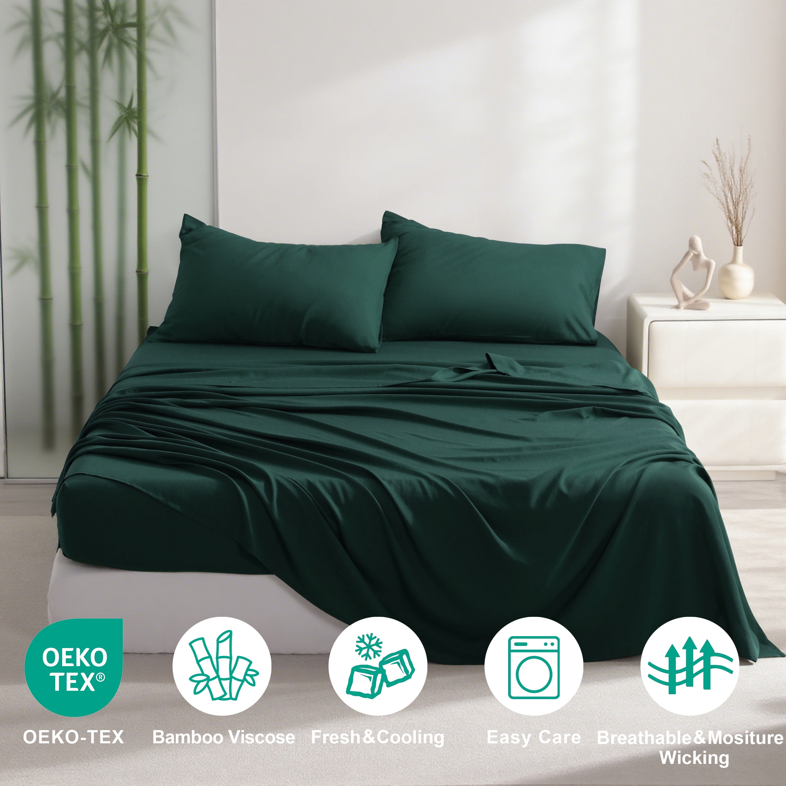 Ultra Soft Bamboo Sheet Set of 4, Durable and Cooling Bamboo Fiber Bed Sheet Set, Queen, 1 Flat Sheet +1 Fitted Sheet +2 Pillowcases, Emerald Green