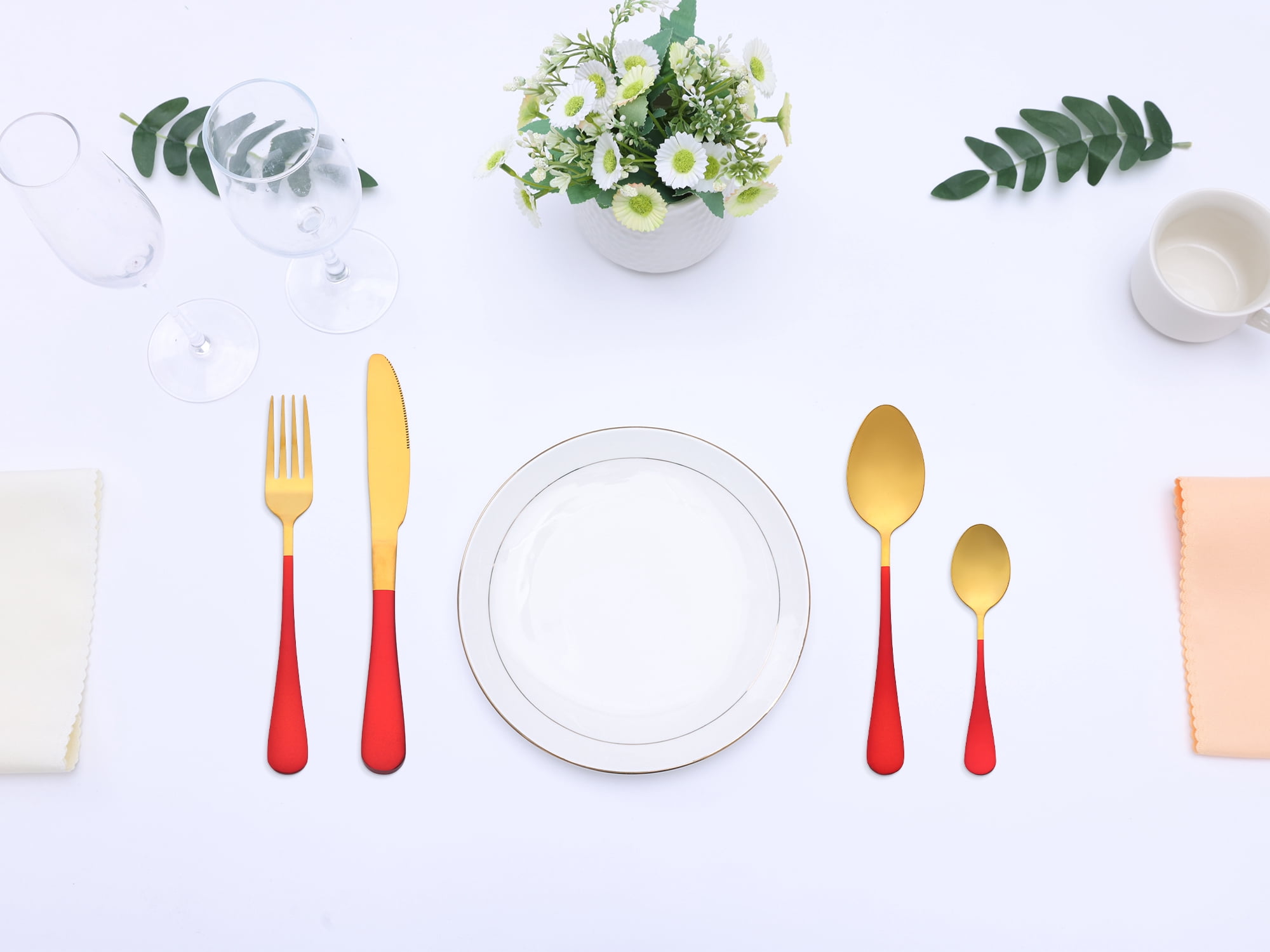 Unique Bargains Flatware Set Stainless Steel Silverware Red 4 Pcs
