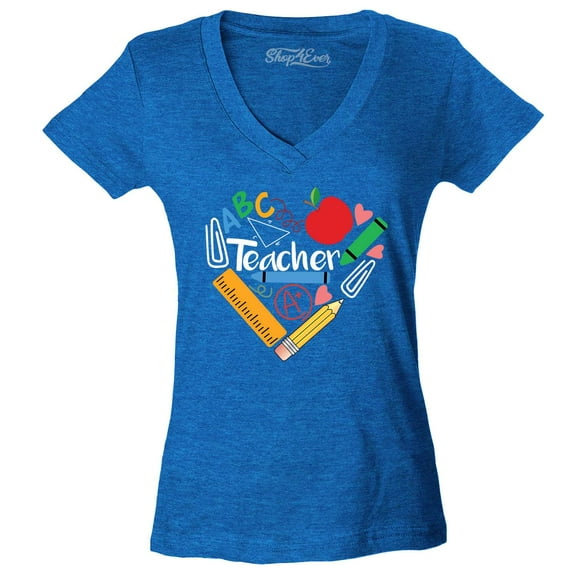 Shop4Ever Women's Teacher Heart Supplies Teacher's Appreciation Day Slim Fit V-Neck T-Shirt X-Small Heather Royal Blue