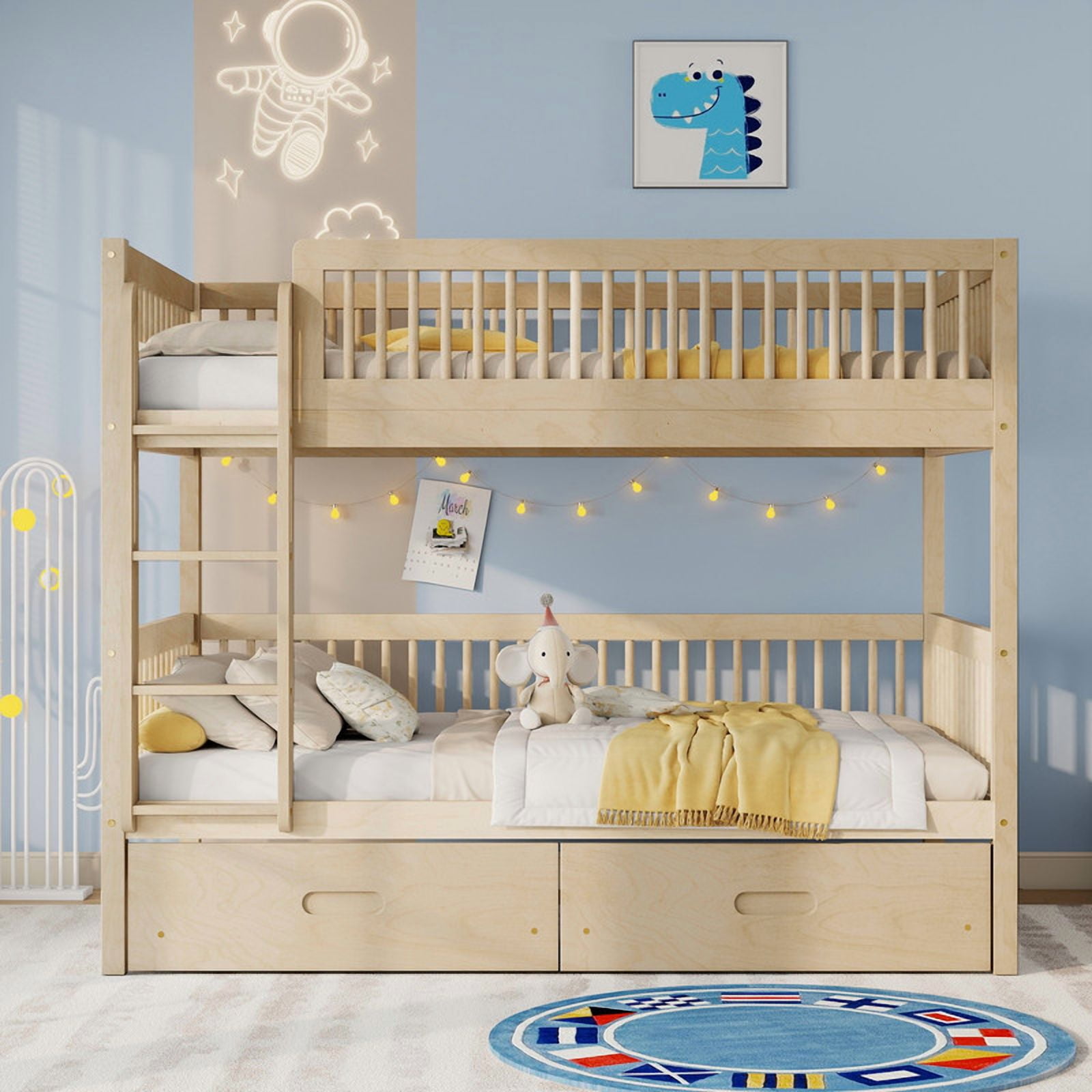 Twin-Over-Twin Wood Bunk Bed Convertible into 2 Platform Beds, Kids Storage Bed Frame with 2 Drawers, Ladder & Safety Guardrails