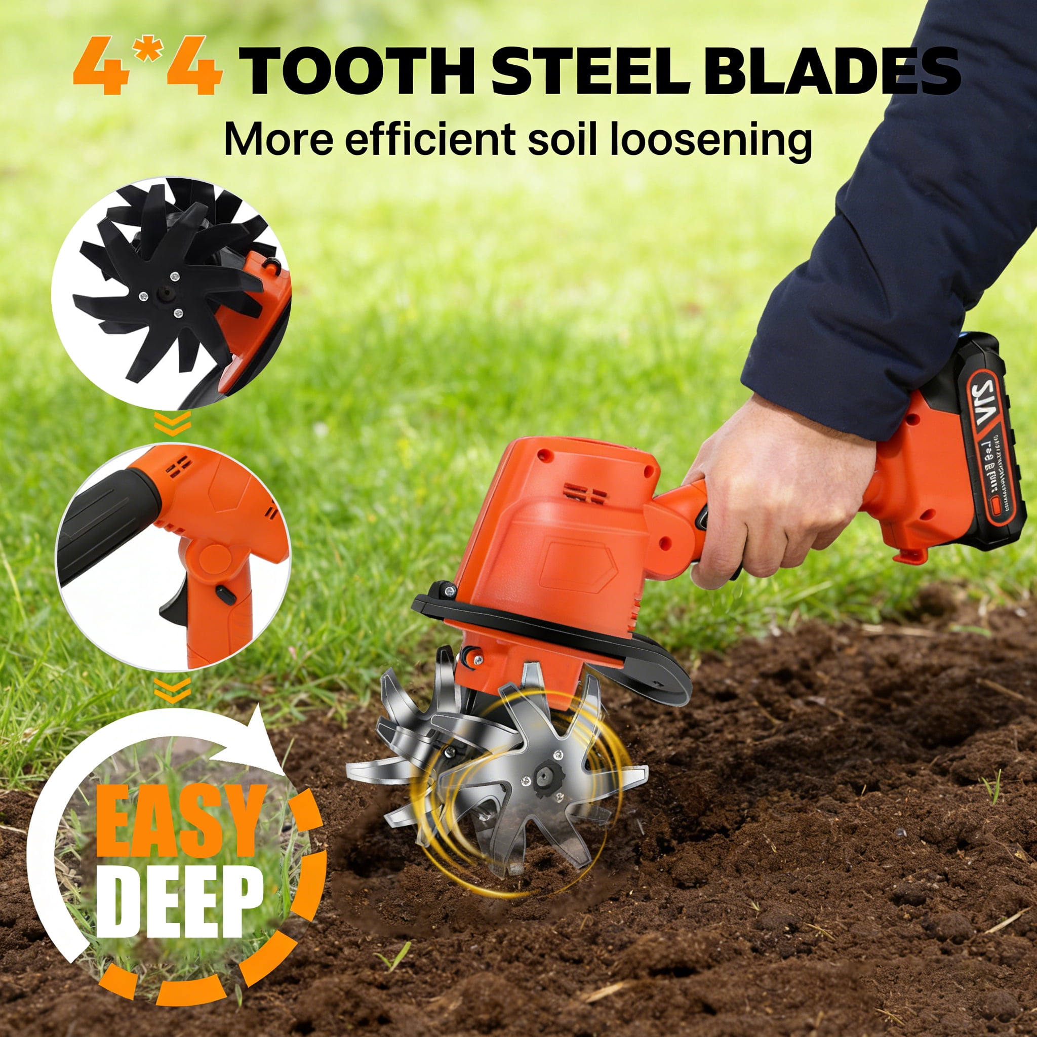 BN-LINK Cordless Tiller Cultivator, 360RPM Electric Garden Tiller, with Batteries & Charger, Garden Rototiller for Lawn/Gardening/Soil Cultivation
