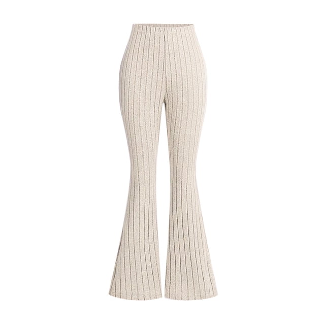 Girls Ribbed Knit Pants Stretch Elastic Waist Pull on Long Pants Casual High Waisted Flared Leg Pants