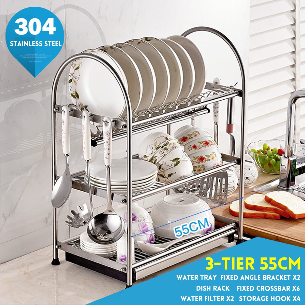 3 Tier Dish Drying Rack w/ 2 Drip Tray Kitchen Organize Cutlery Shelf Drainer US 3 Tier Dish Drying Rack w/ 2 Drip Tray Kitchen Organize Cutlery Shelf Drainer US