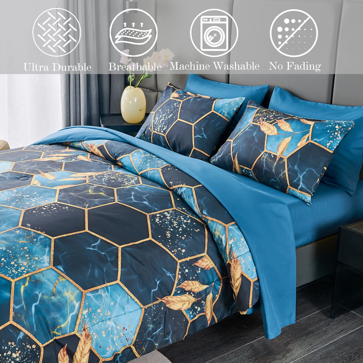 RYNGHIPY 3 Pieces Hexagon Comforter Set Full Size 3D Geometric Honeycomb Bedding Set Gold Trim Bedding Qulit Set Modern Steel Blue Foil Print Bed Set for Women Men (Blue, Full)