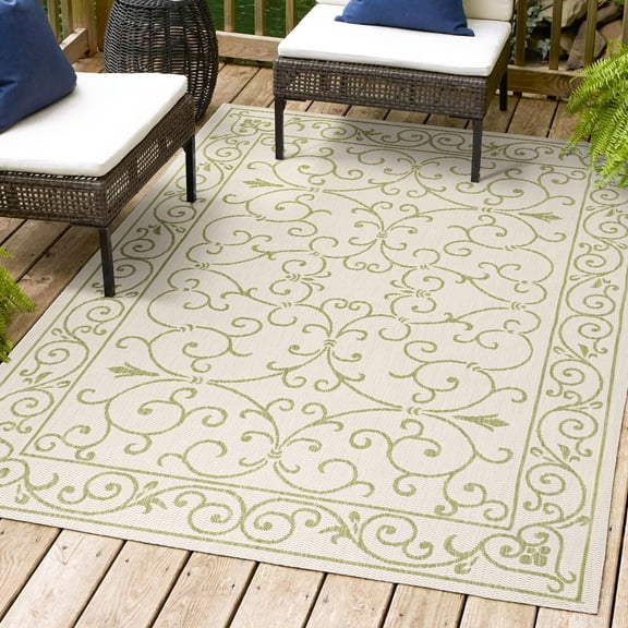 JONATHAN Y SANTA MONICA 3 x 5 Area Rug, Charleston Vintage Filigree Textured Weave - Cream/Green, SMB106I-3