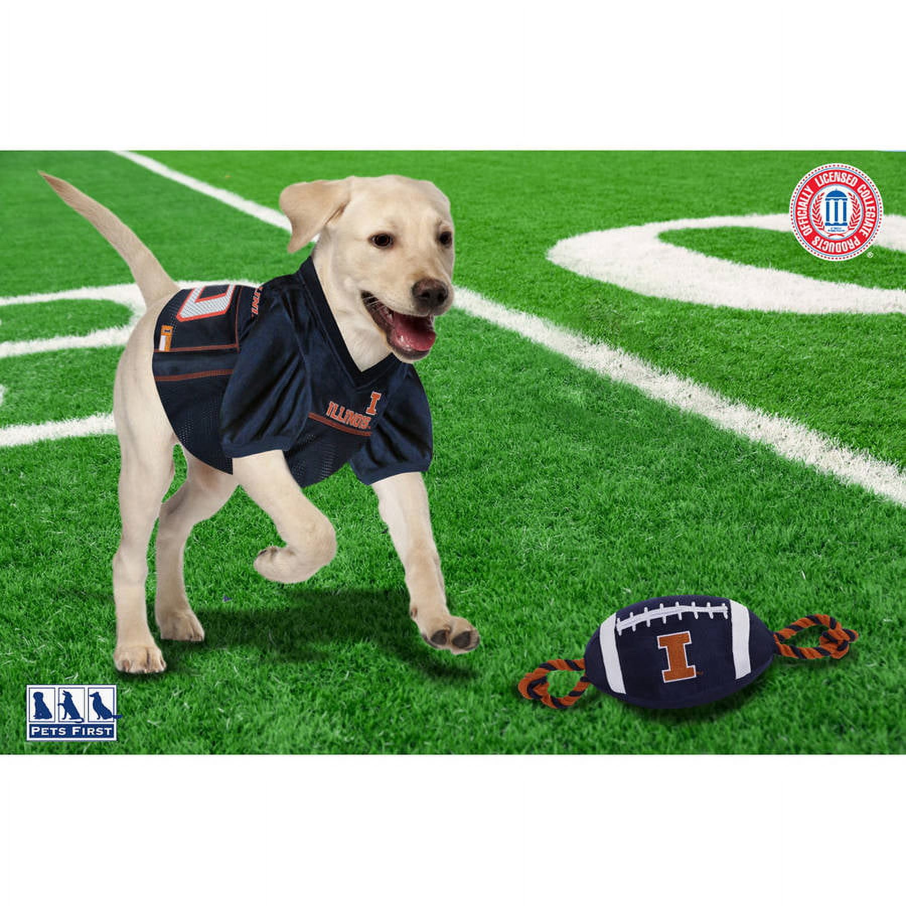 Pets First NCAA Illinois Fighting Illini Strong, Durable, Chewable Football Dog Toy with Inner Squeaker and Side Ropes, Officialy Licensed