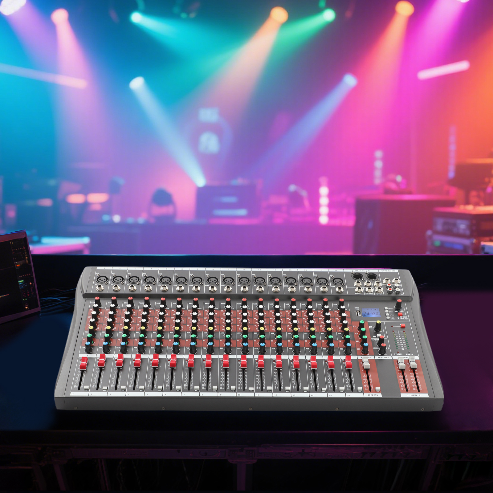 Multifunctional Audio Mixer, 16 Input Channels, Bluetooth & USB Connectivity, 3-Band EQ, for Live Sound & Recording
