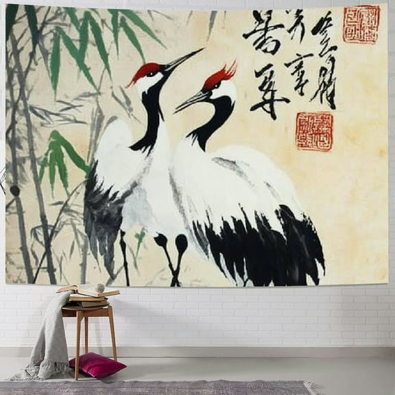 Patifu Crane Bamboo Chinese Writing Tapestry Wall Hanging Unique Style Graphic Tapestries Home Wall Decor Art for Living Room Bedroom Dorm Farmhouse Apartment 40x30inch