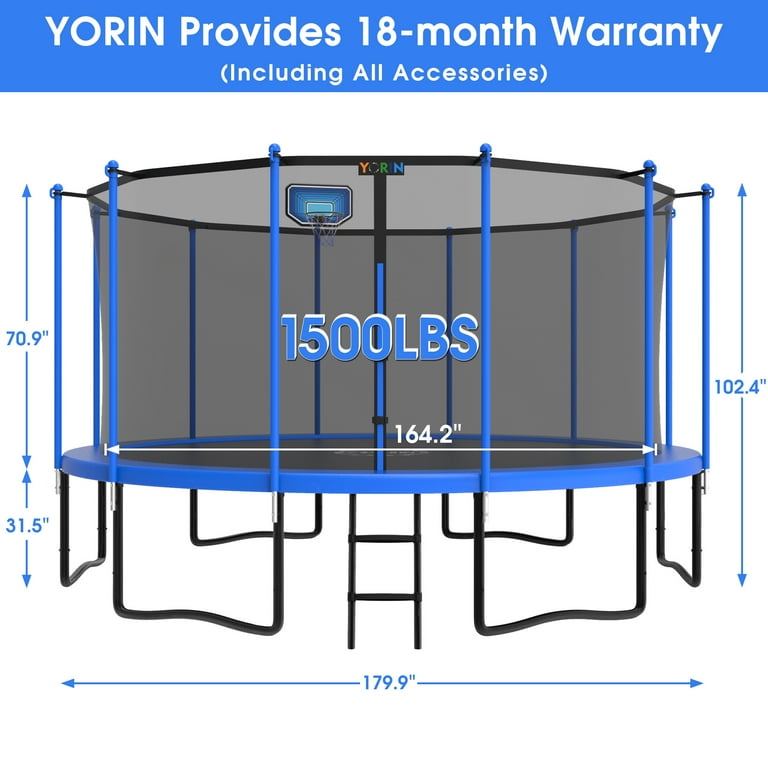 YORIN 1500LBS for Kids Adults, Trampoline with Safety Enclosure Net, Basketball Hoop and Ladder, Outdoor Heavy-Duty Trampoline