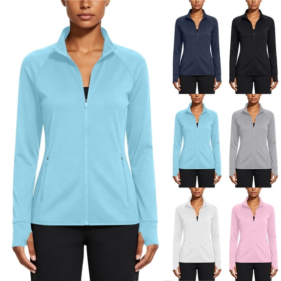 Otntypg Women's UPF 50 Lightweight Athletic Jacket Sun Protection Full Zip up Mock Neck Long Sleeve Tunic Shirts with Zipper Pockets and Thumb Hole for Hiking Outdoor Dark Blue S