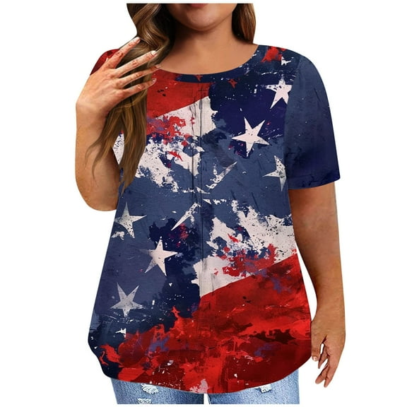 Fartey Womens Plus Size Independence Day Shirts 4th of July Patriotic Tops Stars Stripe Graphic Tees Summer Short Sleeve Crew Neck Holiday T Shirts White XL