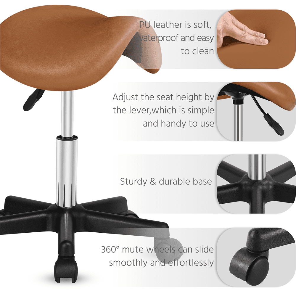 Alden Design Adjustable Rolling Saddle Stool for Massage Tattoo Dental, Brown